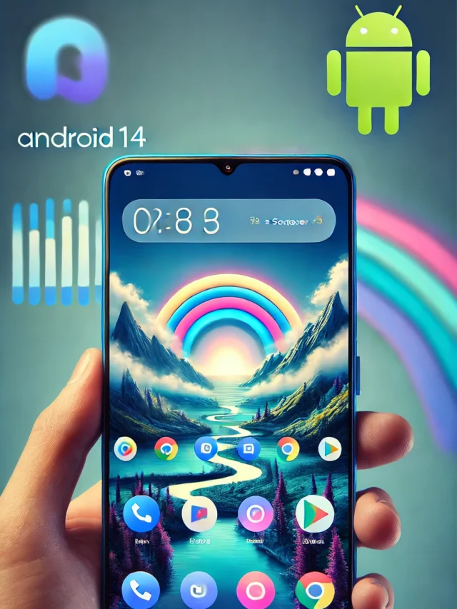 DALL·E 2024-07-12 23.17.20 - A screenshot of the new Android 14 interface, highlighting the modern and intuitive design, with vibrant colors and a clean layout