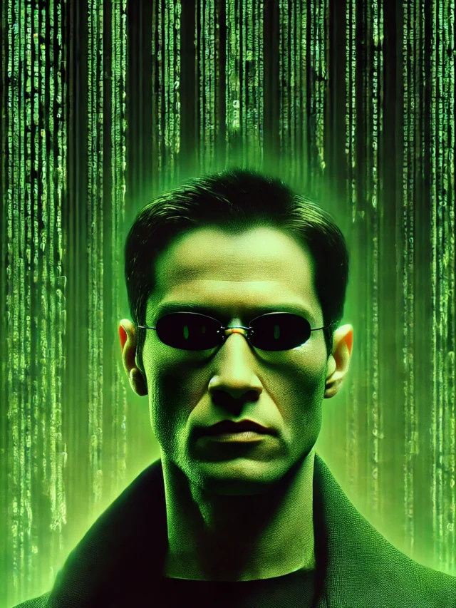 DALL·E 2024-07-22 17.03.52 - Iconic scene from the movie Matrix (1999) featuring Neo with green code effects in the background