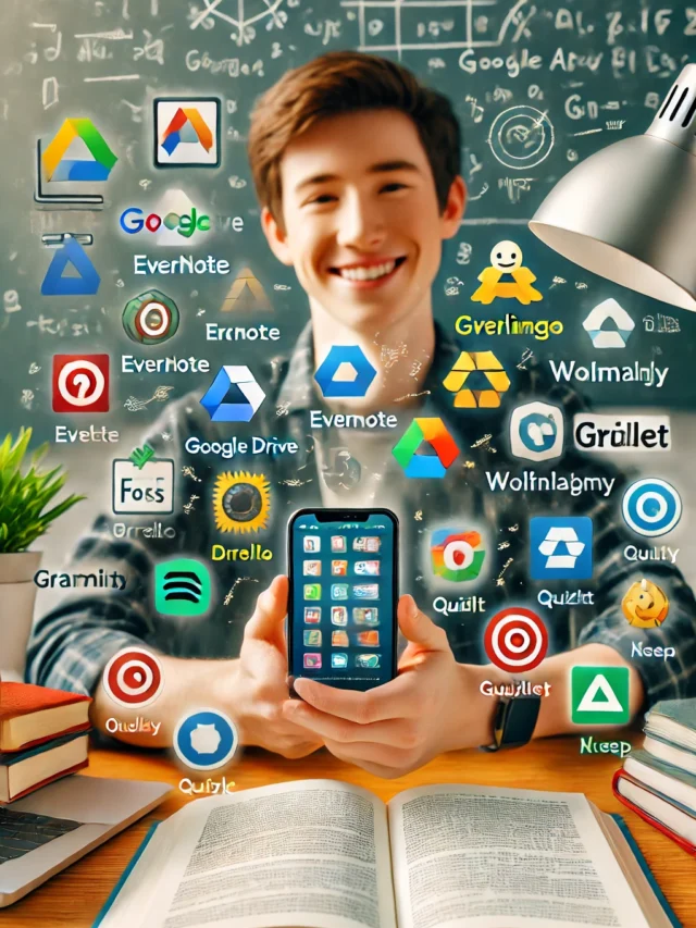 DALL·E 2024-07-22 17.42.13 - A student using a smartphone with a smile, surrounded by icons of educational apps like Google Drive, Evernote, Trello, Duolingo, Wolfram Alpha, Fores