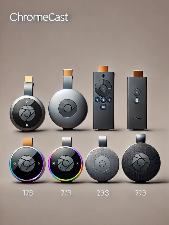 DALL·E 2024-08-07 16.28.30 - Different models of Chromecast devices side by side on a neutral background, showcasing the evolution of their design over the years