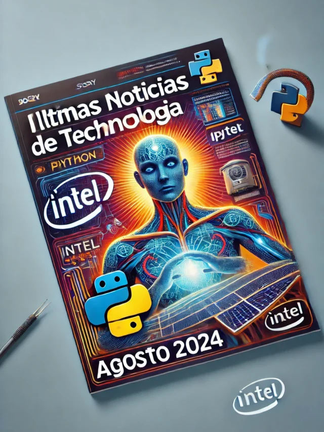 DALL·E 2024-08-07 17.02.10 - A captivating cover for a web story titled 'Últimas Notícias de Tecnologia - Agosto 2024'. The cover should feature a futuristic design with vibrant c