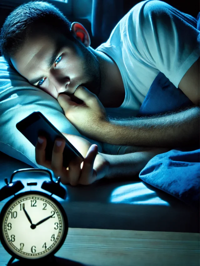 DALL·E 2024-08-12 12.19.54 - A person lying in bed at night, unable to sleep, with a glowing smartphone in hand. The room is dark except for the light from the phone screen, which